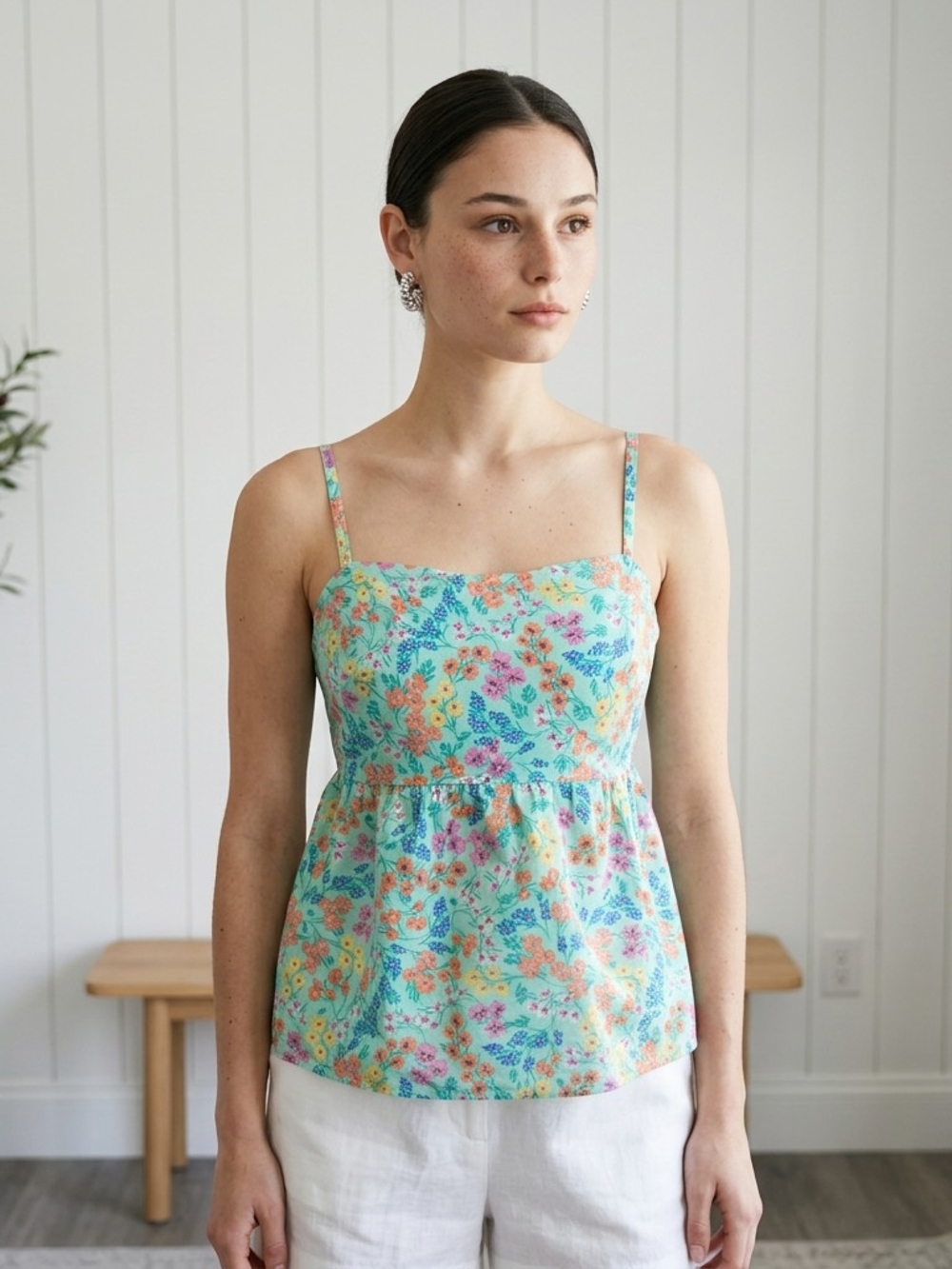 J. Crew Aqua Floral Square-Neck Camisole NWOT